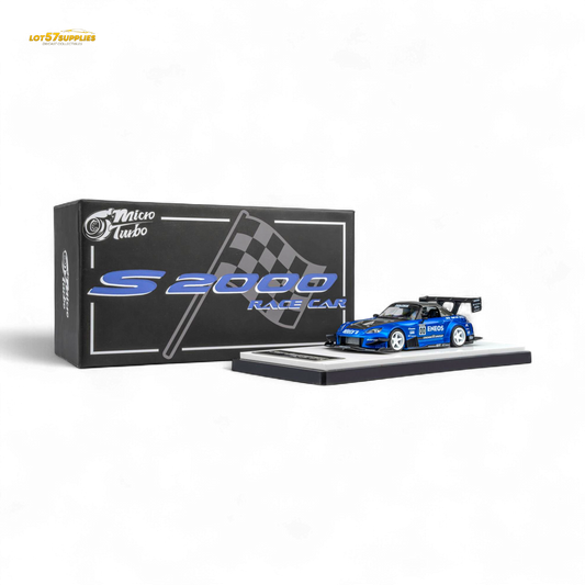 Candy blue 1:64 scale MicroTurbo Honda S2000 diecast model with ENEOS #00 TOP FUEL branding, detailed and collectible.