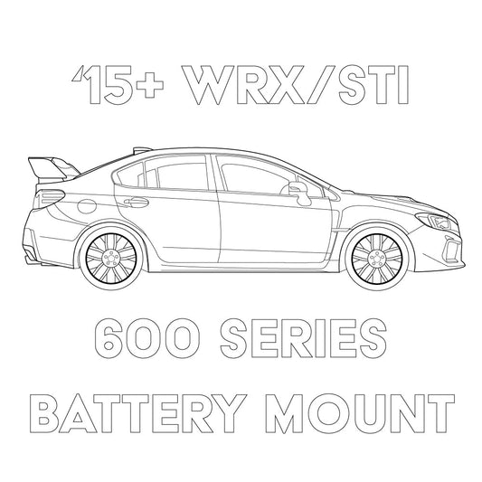 Blueprint of MeLe Design Firm's 600 Series battery mount for 2015-2021 Subaru WRX and STI models, showing mounting details and design.
