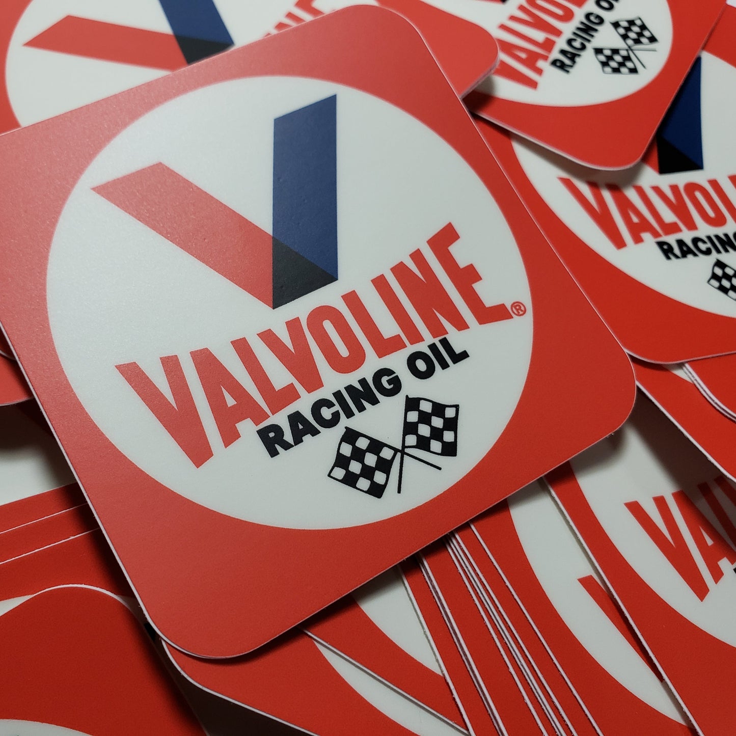 Vintage Valvoline Racing Oil sticker from Evergreen Kings, featuring classic branding and bold racing graphics.