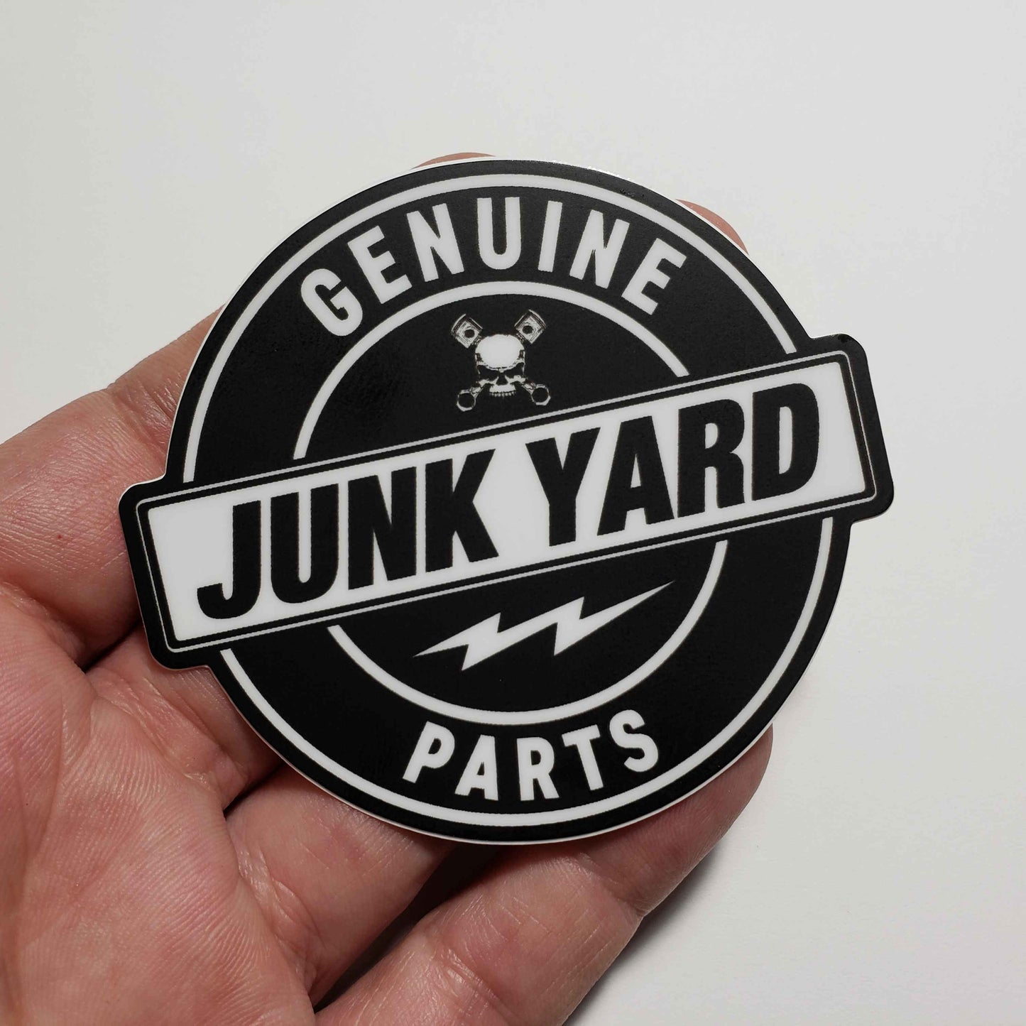 Genuine Junk Yard Parts sticker by Evergreen Kings featuring bold lettering on a weathered background for car enthusiasts.