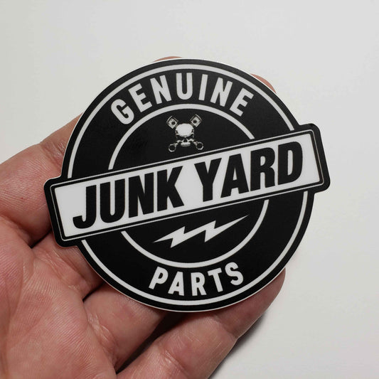 Genuine Junk Yard Parts sticker by Evergreen Kings featuring bold lettering on a weathered background for car enthusiasts.