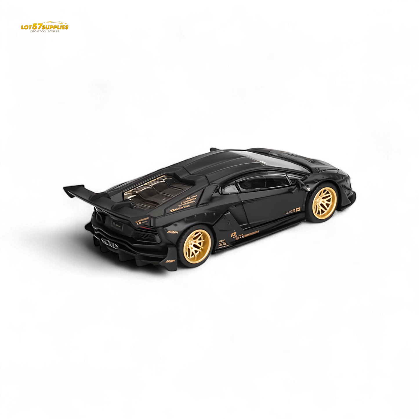 Matte black Mini-GT LB★WORKS Lamborghini Aventador diecast model in 1:64 scale showing detailed exterior design and sleek finish.
