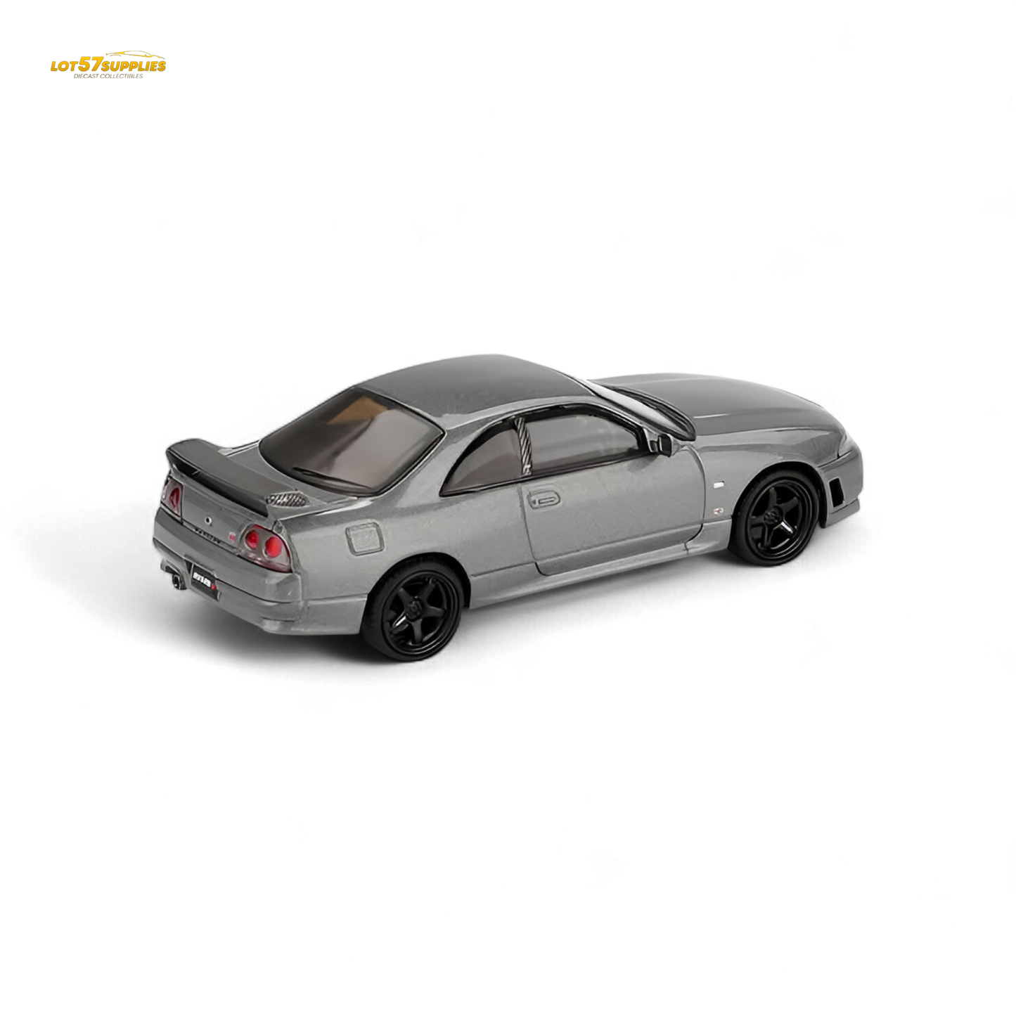 Mini GT Nissan Skyline GT-R NISMO BCNR33 diecast model in dark metal gray, 1:64 scale, detailed collectible car image.