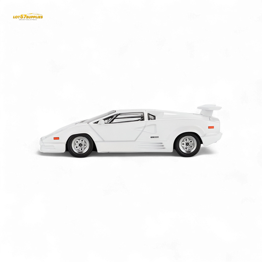 White Mini-GT Lamborghini Countach 25th Anniversary diecast model in 1:64 scale, detailed toy car for collectors