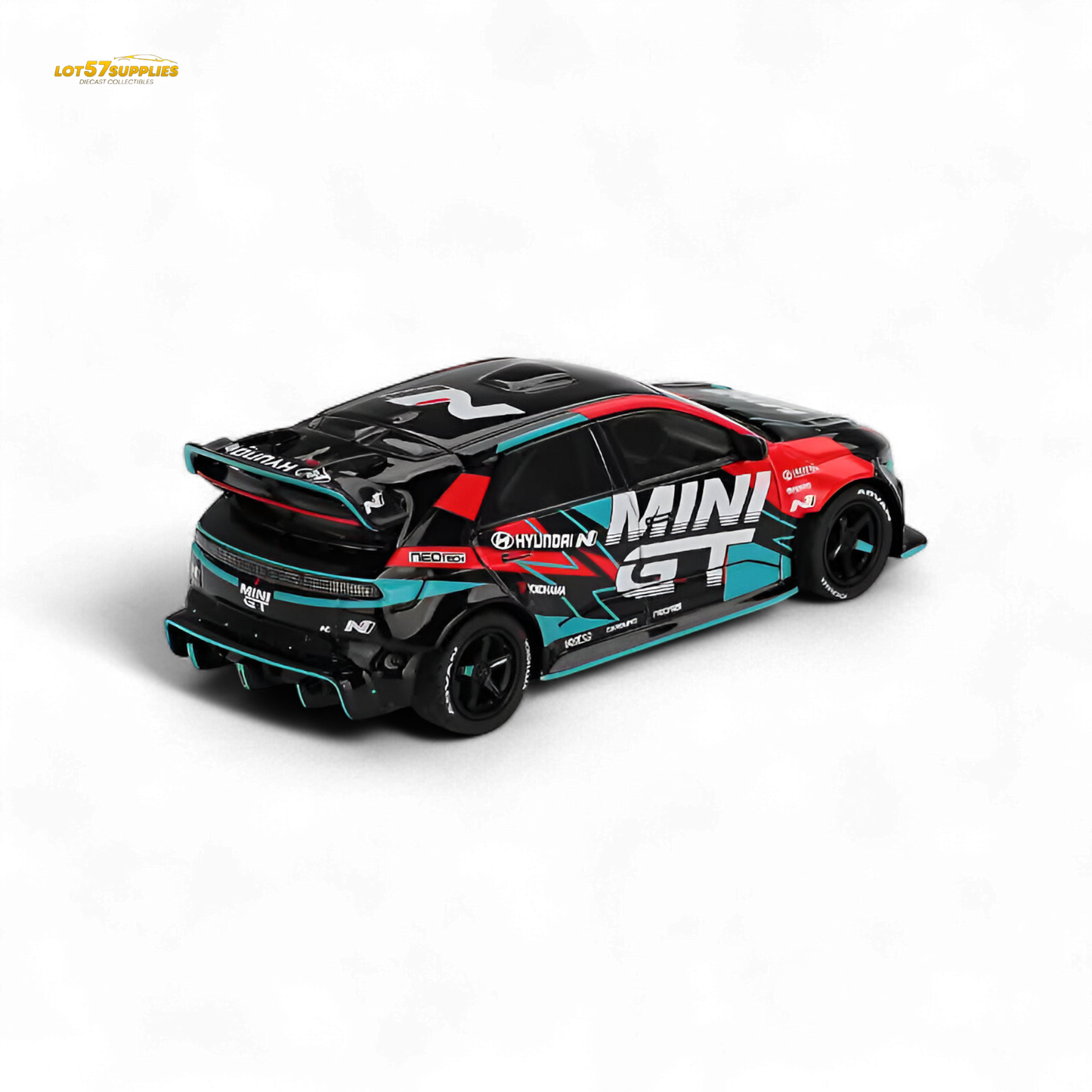 MiniGT Hyundai Ioniq 5N diecast model, 1:64 scale, detailed replica in vibrant colors, showcasing Hyundai's electric vehicle design.