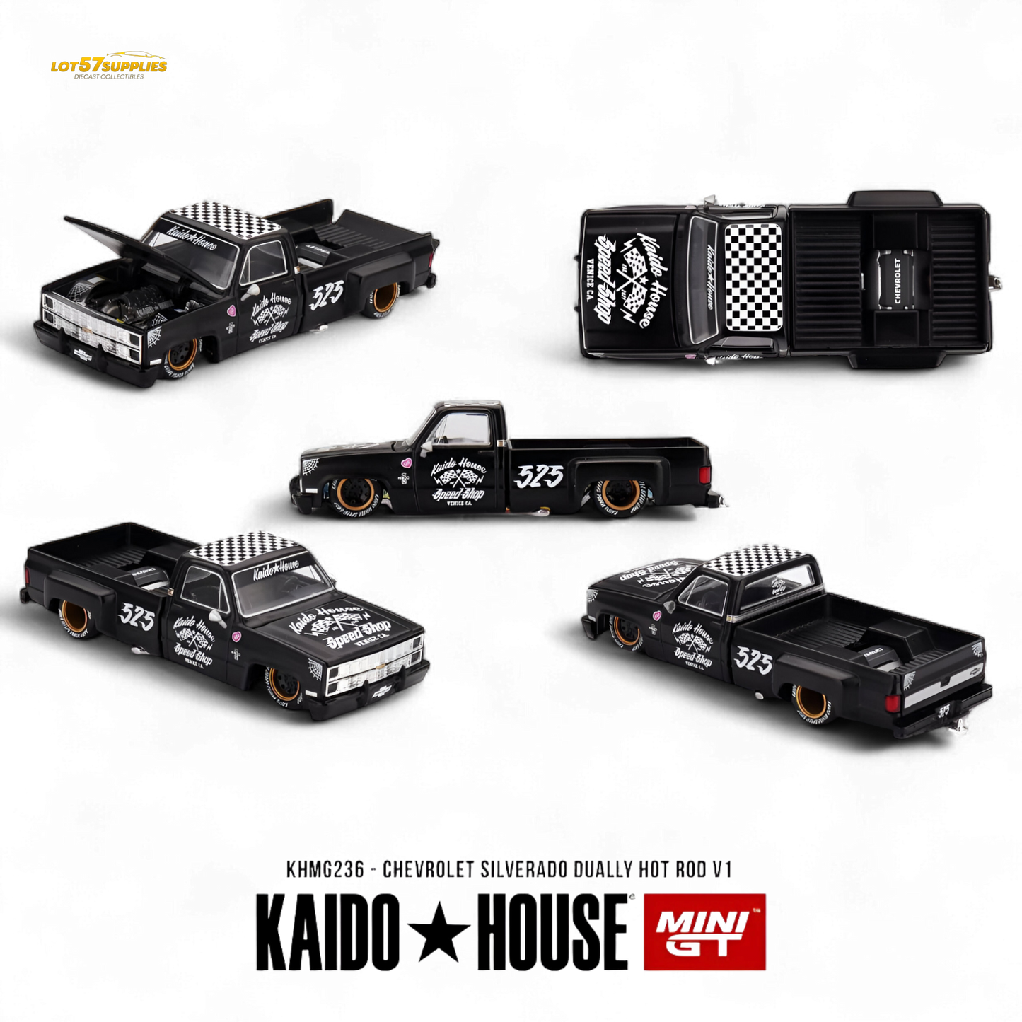 Pre-order Chevrolet Silverado Dually Hot Rod V1 diecast model by Lot57Supplies, detailed 1:64 scale Chevrolet pickup truck.