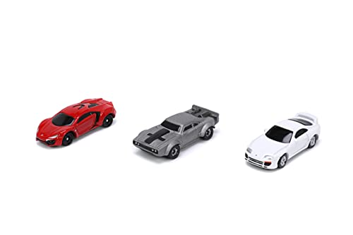 Three diecast model cars from the "Fast & Furious" Series 4 Nano Hollywood Rides by Miniature Motors, detailed TV series collectibles.