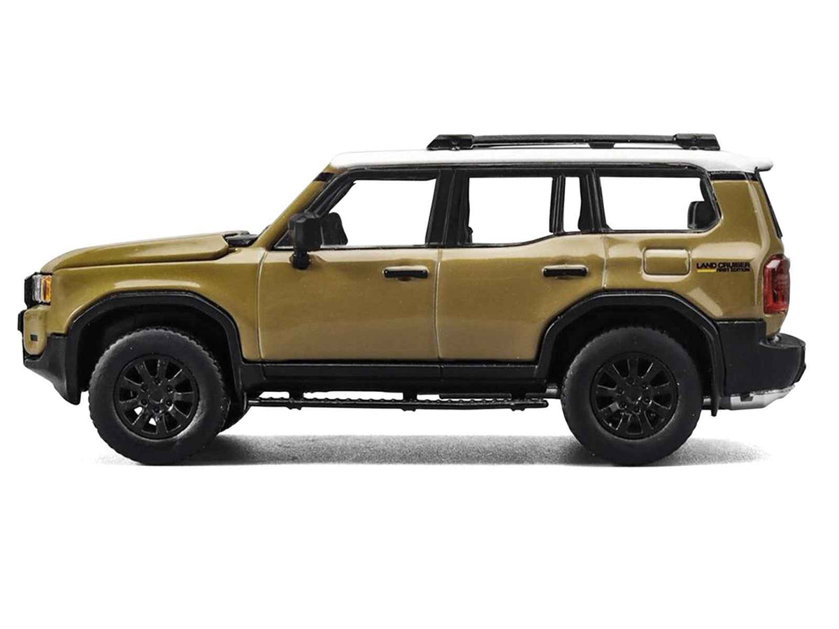 Miniature Toyota Land Cruiser 250 diecast model car in sand color with white top by Trends Hobby, 1/64 scale.