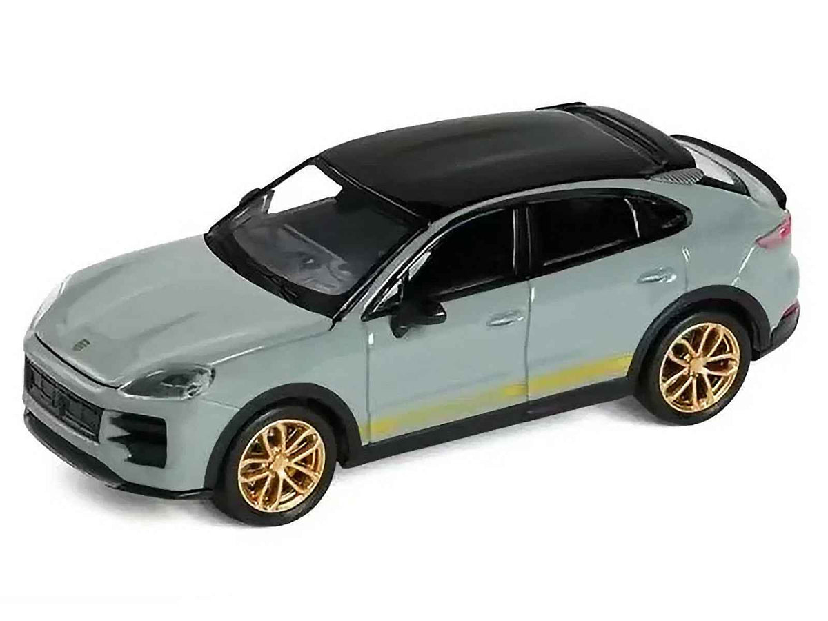 Miniature Motors Porsche Cayenne Turbo GT gray diecast model car with black top and gold stripes, 1/64 scale by Trends Hobby