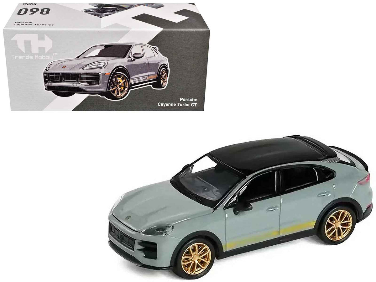 Miniature Motors Porsche Cayenne Turbo GT diecast model car in gray with black top and gold stripes, 1/64 scale by Trends Hobby.
