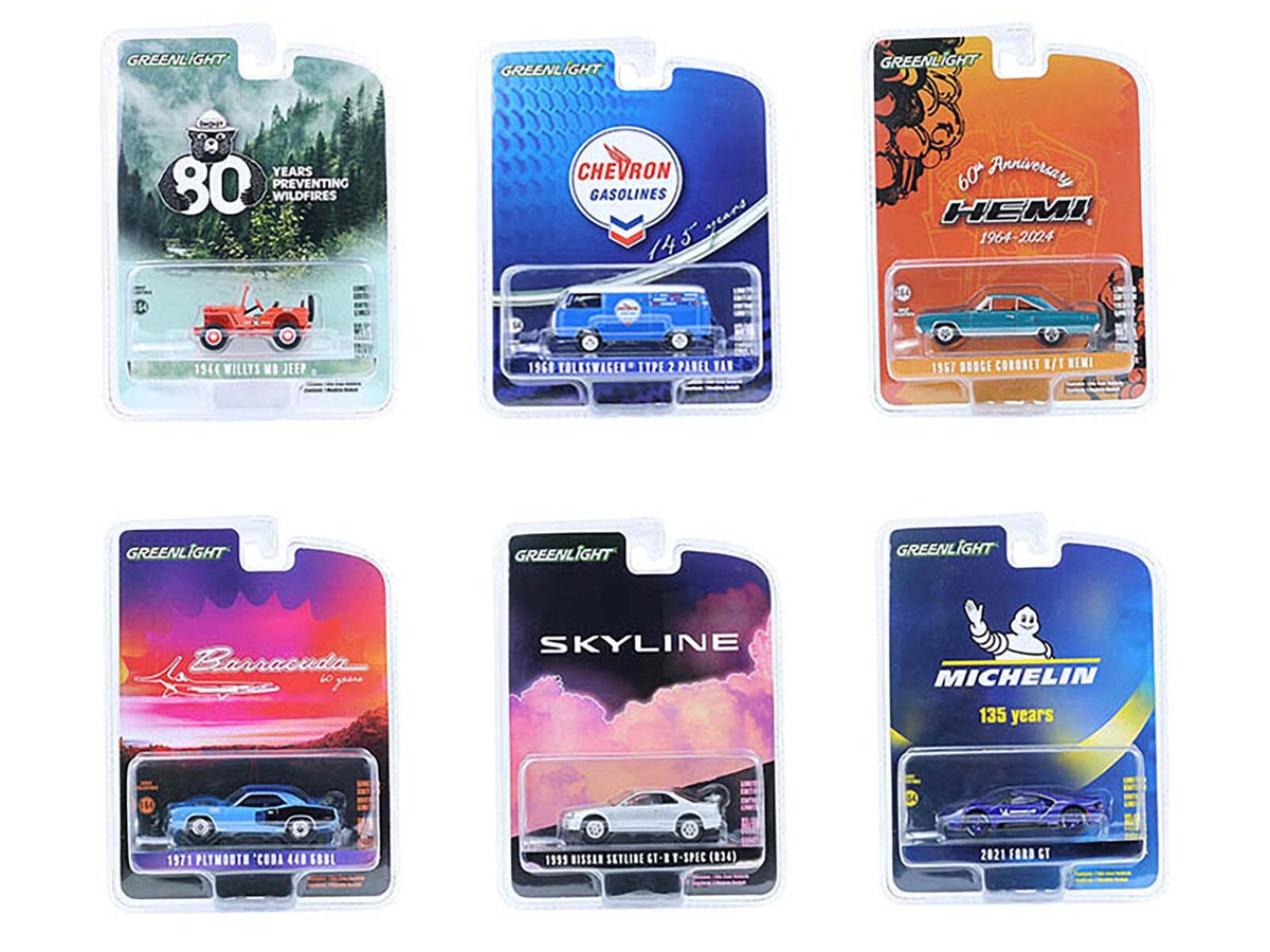 Set of six Miniature Motors Greenlight Series 17 1/64 diecast model cars from the Anniversary Collection, detailed and colorful.