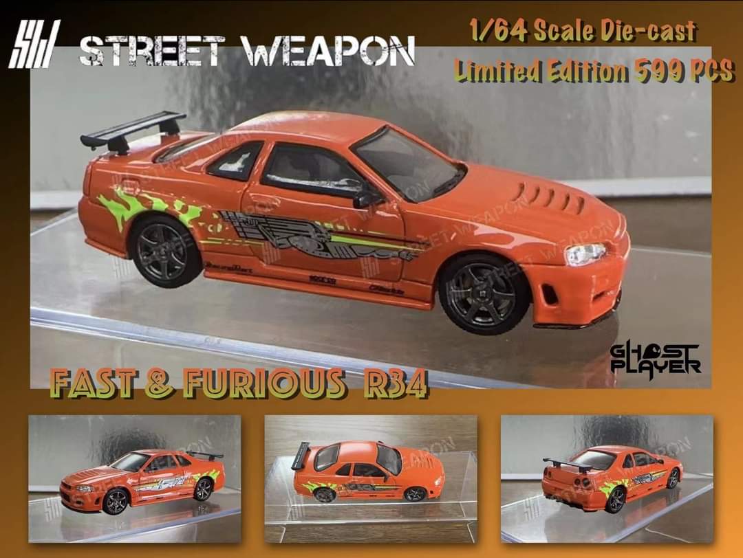 Diecast Nissan R34 GT-R with Fast & Furious livery, 1:64 scale model by Lot57Supplies Diecast Shop, detailed car image.