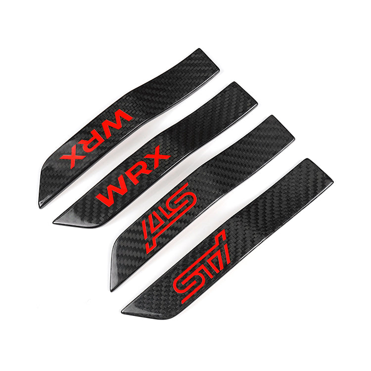 JDMuscle Tanso Carbon Fiber Fender Emblem V2 on 2015-2021 Subaru WRX/STI exterior ornament with carbon fiber finish.