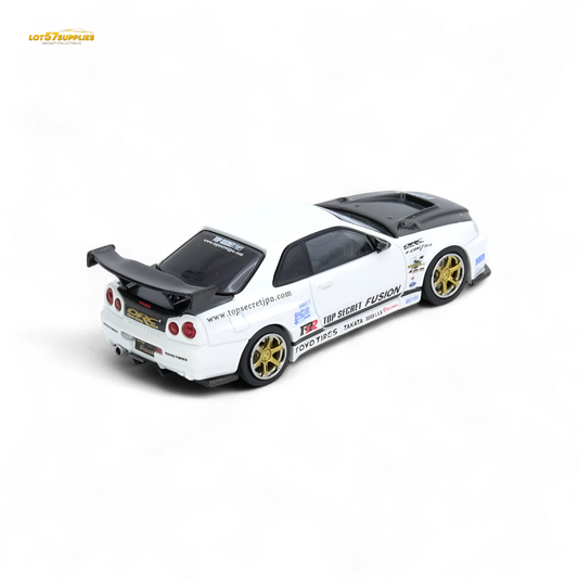 Pre-order Inno64 Nissan R34 GT-R diecast model in white, 1:64 scale, showcasing detailed exterior and iconic design.