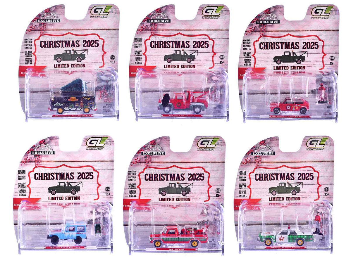 Six 1/64 scale diecast model cars from the Christmas 2025 Limited Edition set by Miniature Motors, featuring detailed collectible vehicles.