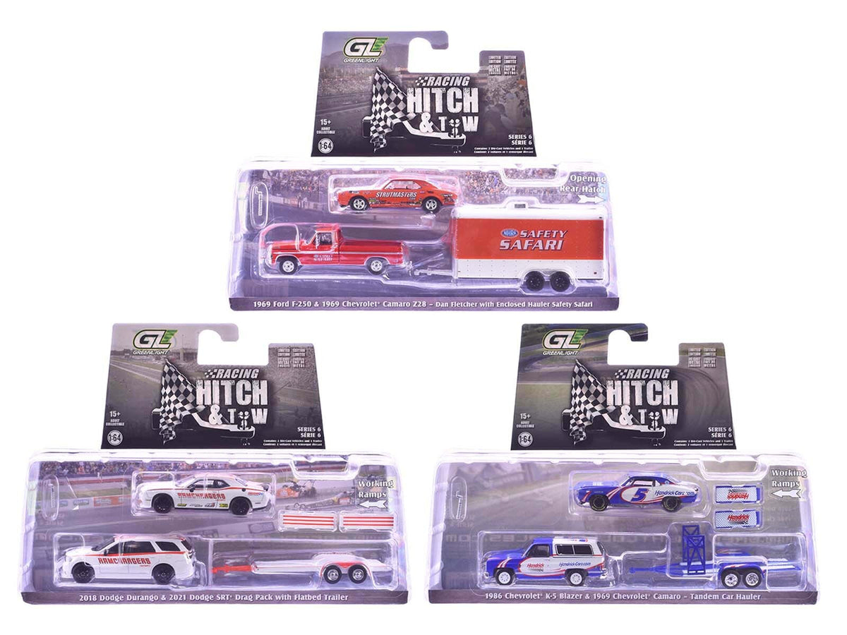 Set of three 1/64 scale diecast model cars from Greenlight's Racing Hitch & Tow Series by Miniature Motors, detailed miniature vehicles.