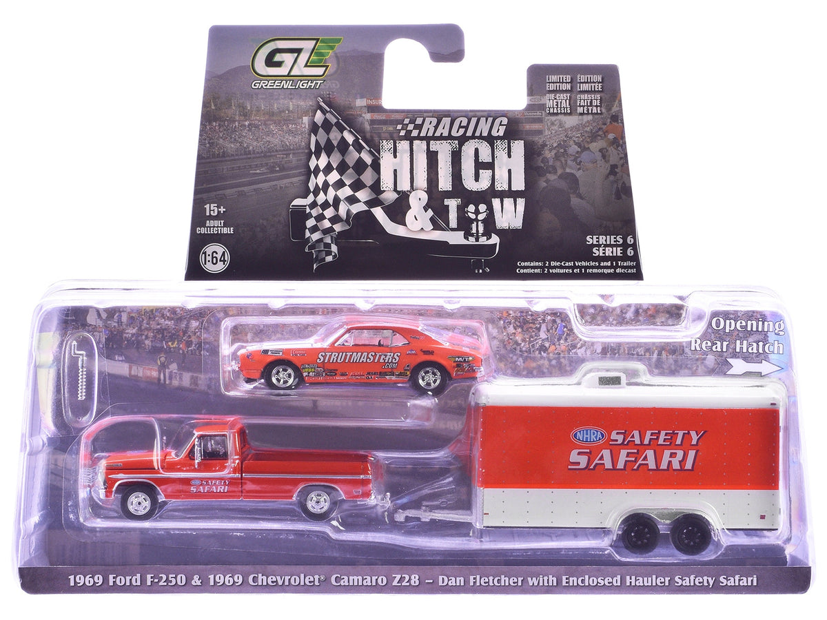 Set of three 1/64 scale diecast model cars from Greenlight's Racing Hitch & Tow Series by Miniature Motors, detailed collectible vehicles.