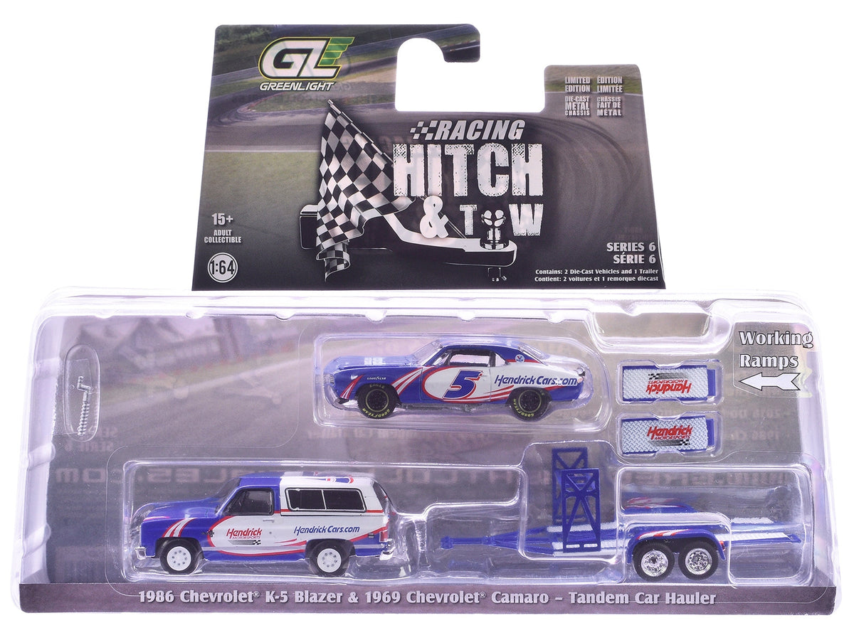 Set of three 1/64 scale diecast model cars from the Racing Hitch & Tow Series by Miniature Motors, detailed vehicle replicas.