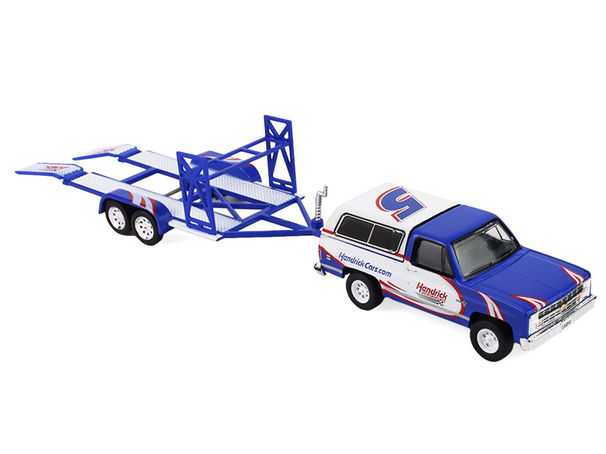 Miniature Motors 1/64 scale diecast models of 1986 Chevrolet K5 Blazer and 1969 Chevrolet Camaro #5 with tandem trailer.