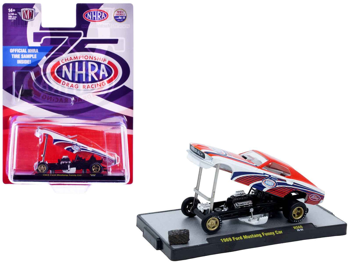 Red and white 1969 Ford Mustang Funny Car diecast model by Miniature Motors, featuring NHRA 75 Years graphics, limited edition 1/64 scale