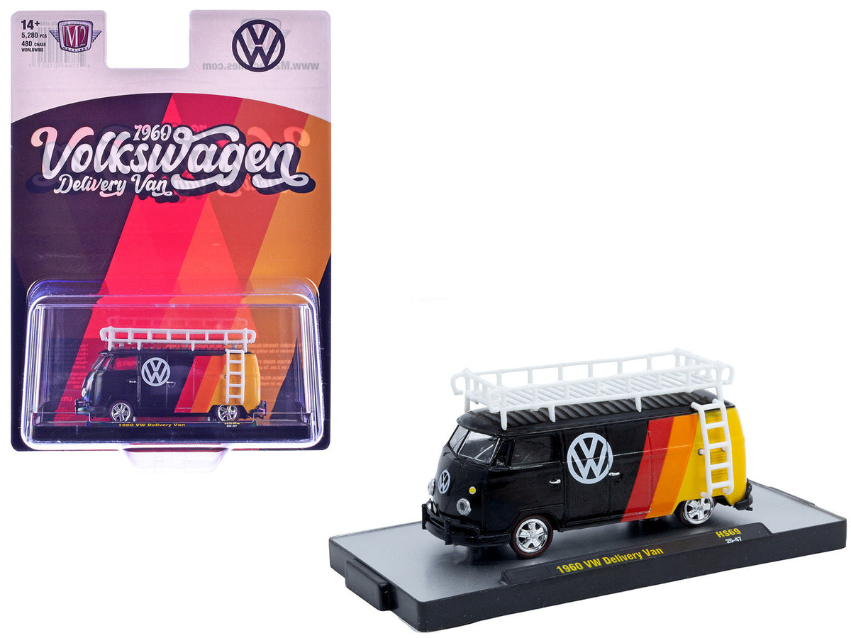 Black 1960 Volkswagen delivery van diecast model with white roof rack and striped details, limited edition by M2 Machines.
