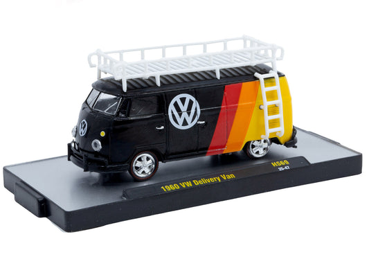 1960 Volkswagen Delivery Van Black with Stripes and White Roof Rack Limited Edition to 5280 pieces Worldwide 1/64 Diecast Model Car by M2 Machines