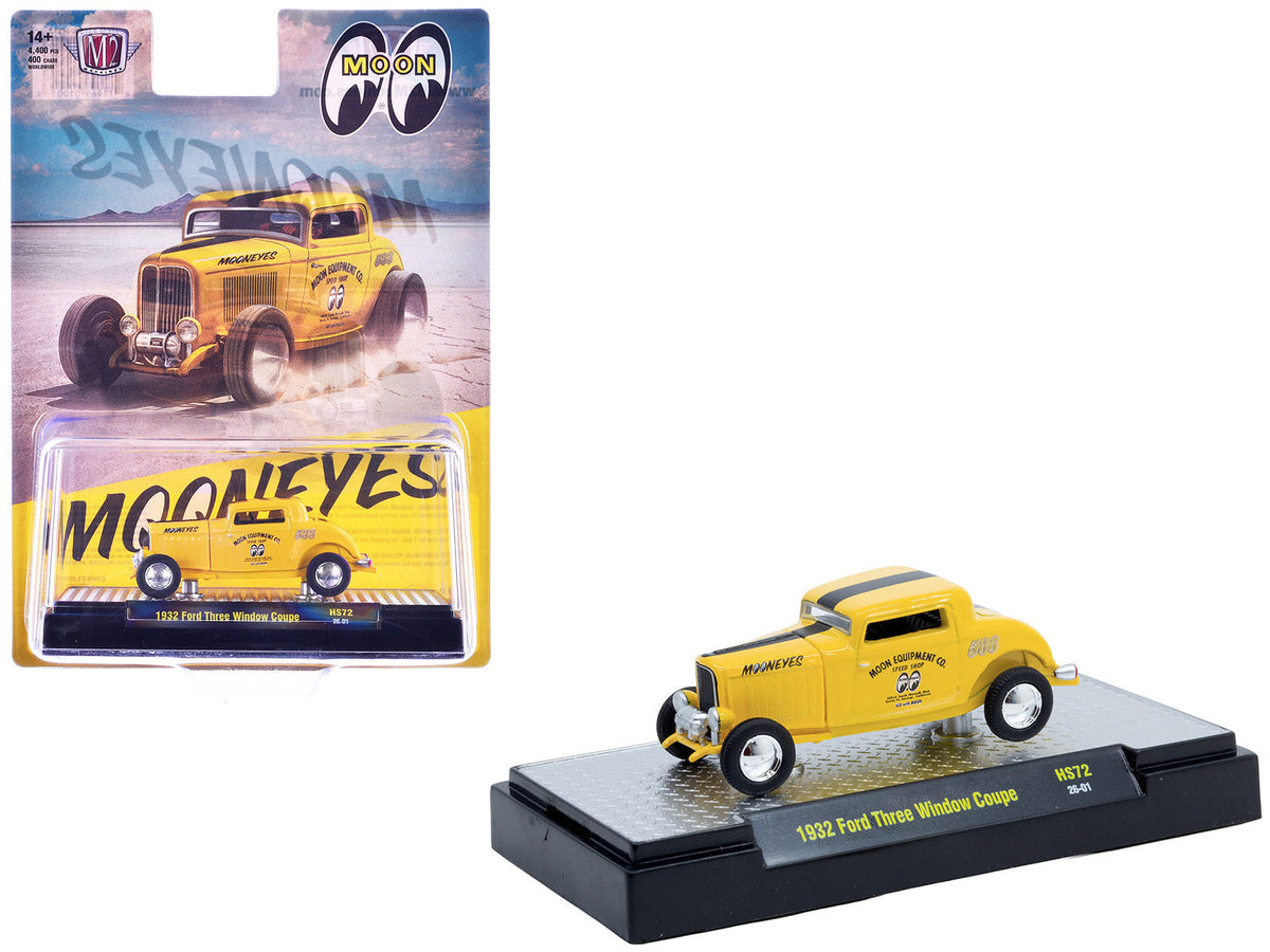 Yellow 1932 Ford Three-Window Coupe "MoonEyes" diecast model by Miniature Motors, black stripe, limited edition 1/64 scale.