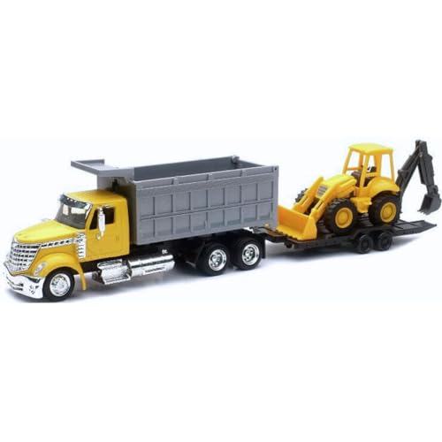 International Lonestar Dump Truck White and Wheel Loader Yellow with Flatbed Trailer "Long Haul Truckers" Series 1/43 Diecast Model by New Ray