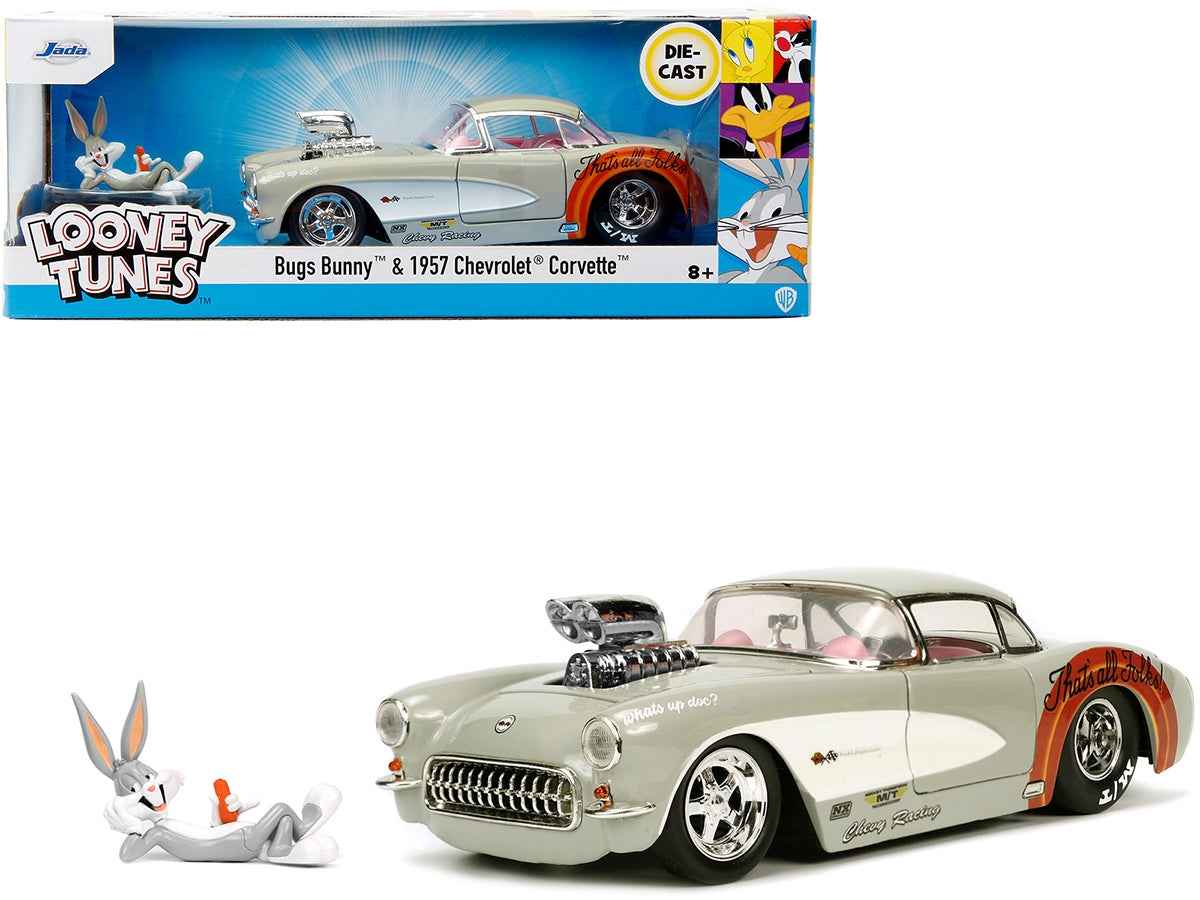1957 Chevrolet Corvette diecast model by Jada, beige with pink interior, featuring Bugs Bunny figure, from Hollywood Rides series.