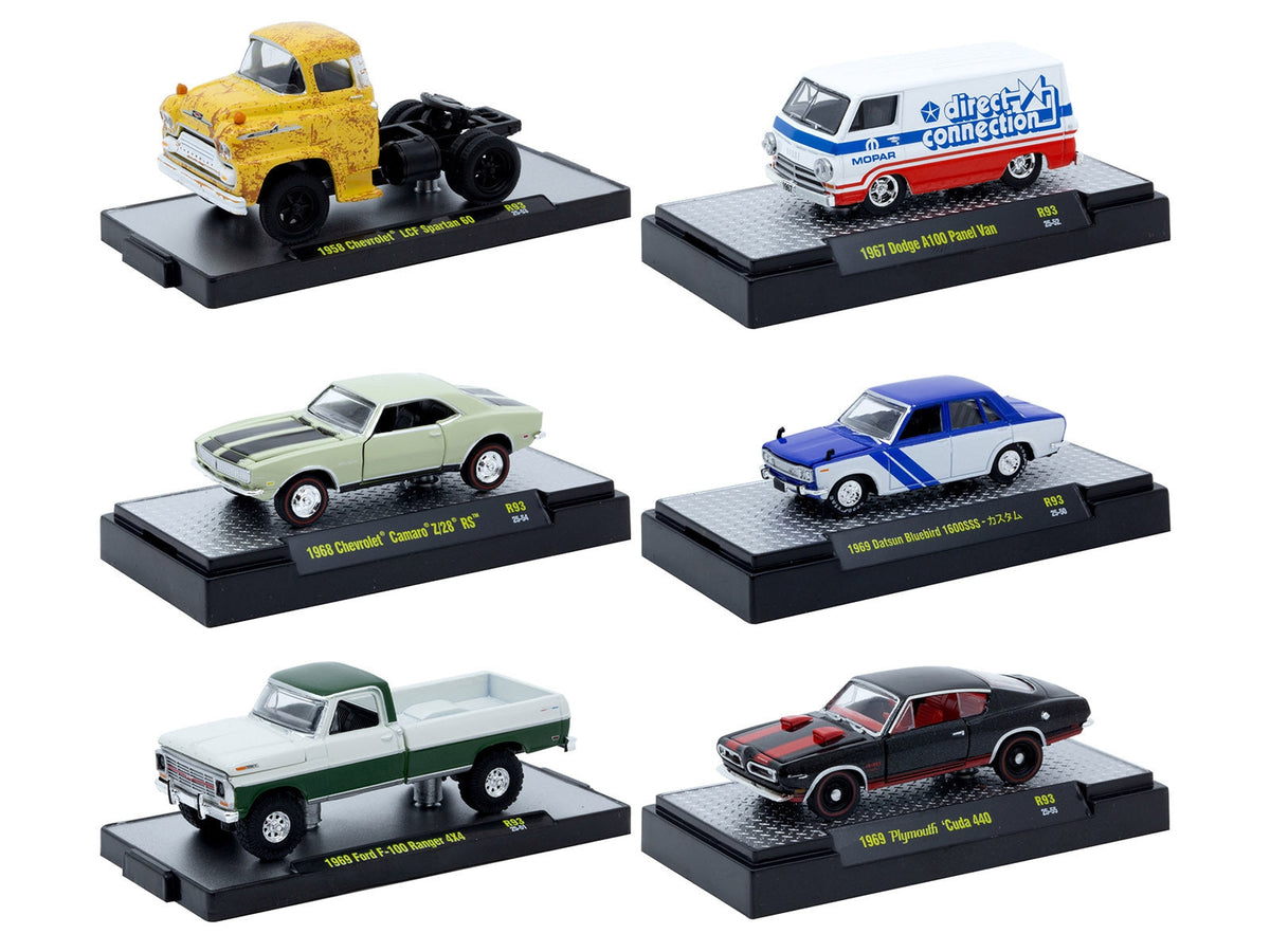 Set of 6 Miniature Motors 1/64 scale diecast model cars in display cases, part of the Auto Meets limited edition release by M2 Machines.