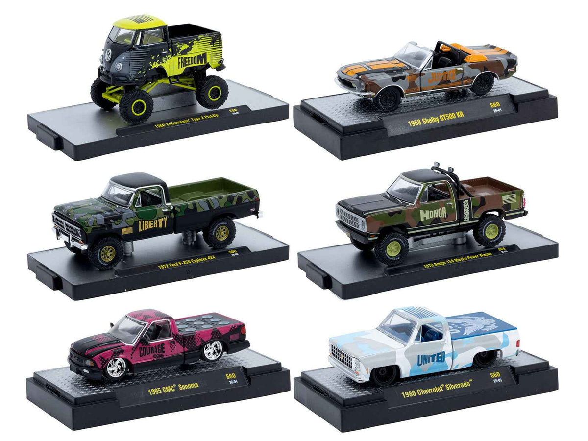 Six Miniature Motors 1/64 scale "Auto Meets" diecast car models in display cases, S60 limited edition by M2 Machines.