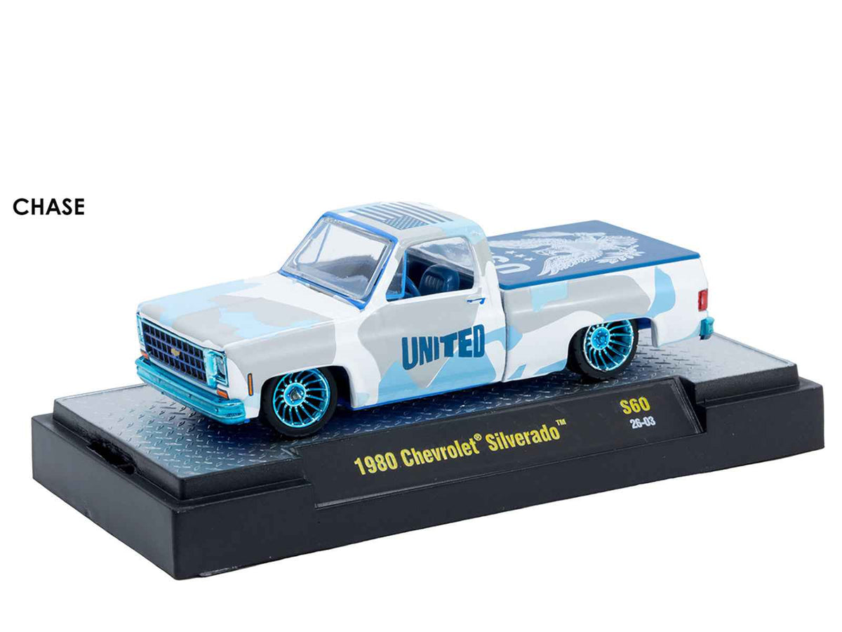 Set of 6 1/64 scale diecast model cars from "Auto Meets" by Miniature Motors in display cases, limited edition S60 series.