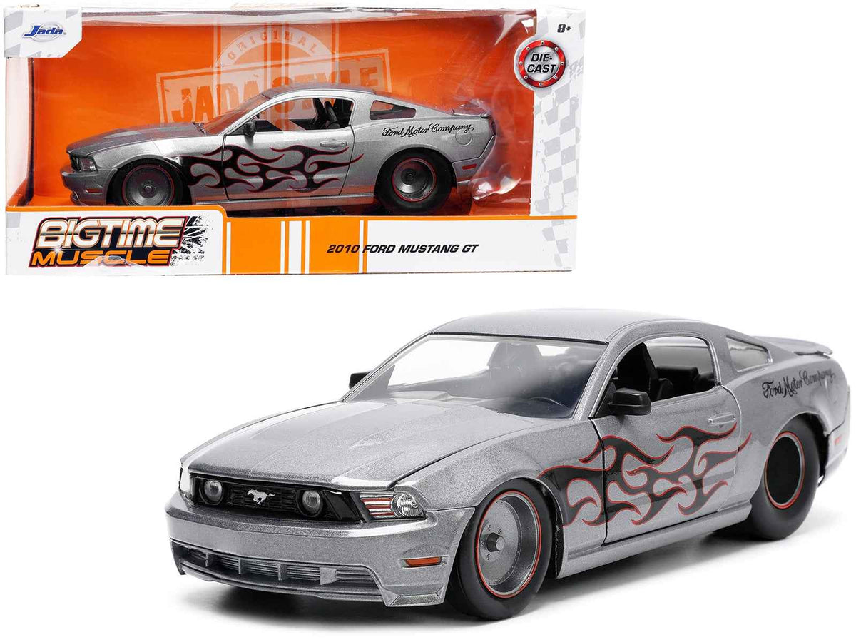 2010 Ford Mustang GT gray metallic diecast model car with flame graphics, part of Jada's Bigtime Muscle series by Miniature Motors