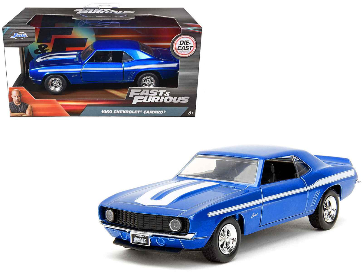 Miniature Motors 1/32 diecast model of blue metallic 1969 Chevrolet Camaro with white stripes from "2 Fast 2 Furious" series.