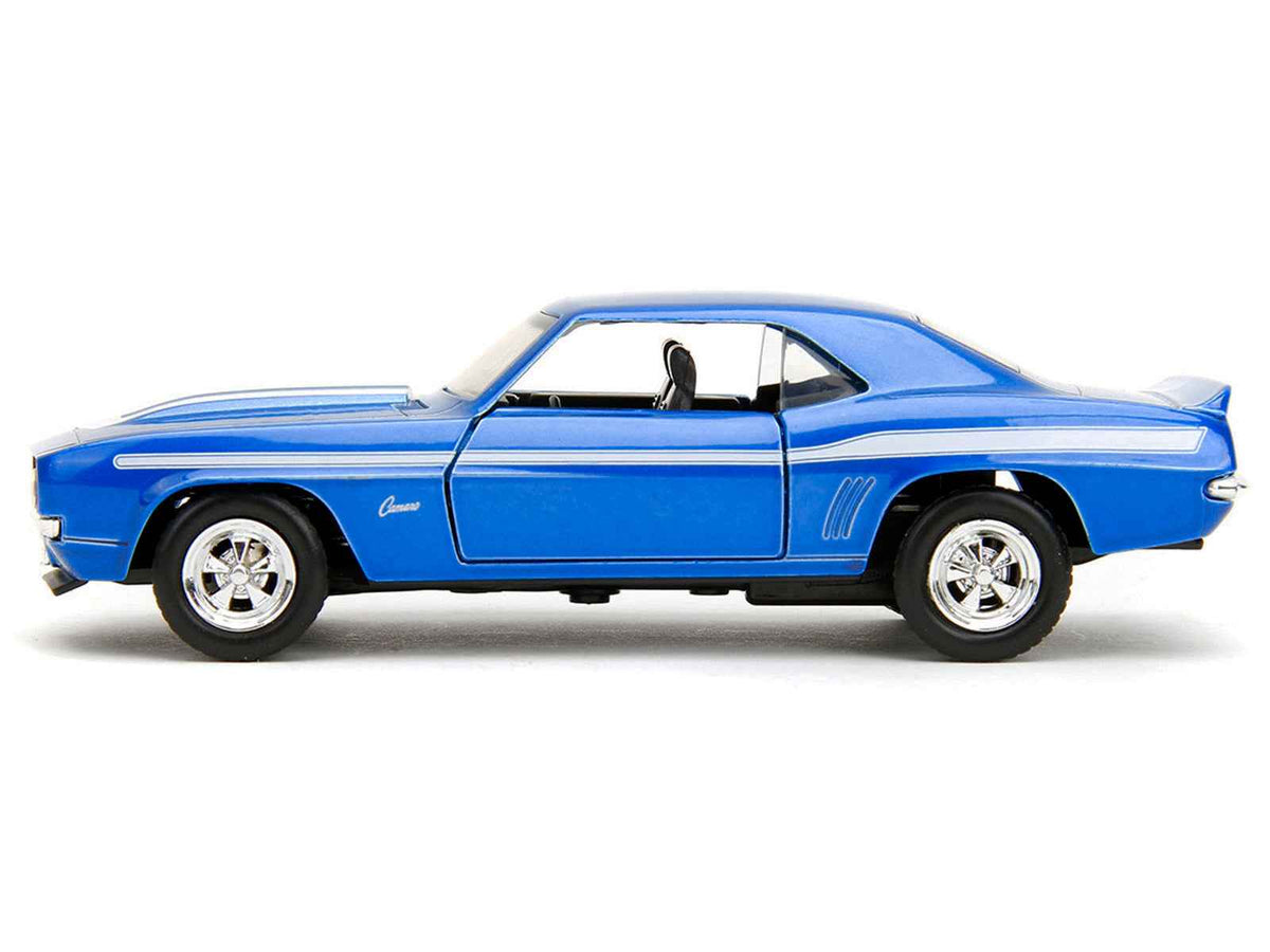 Blue metallic 1969 Chevrolet Camaro diecast model car with white stripes from the "Fast & Furious" series, by Miniature Motors.