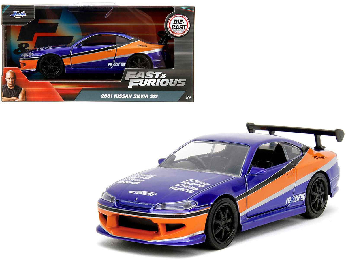 2001 Nissan Silvia S15 RHD diecast model in blue metallic with "Tokyo Drift" graphics, from the Fast & Furious series by Miniature Motors