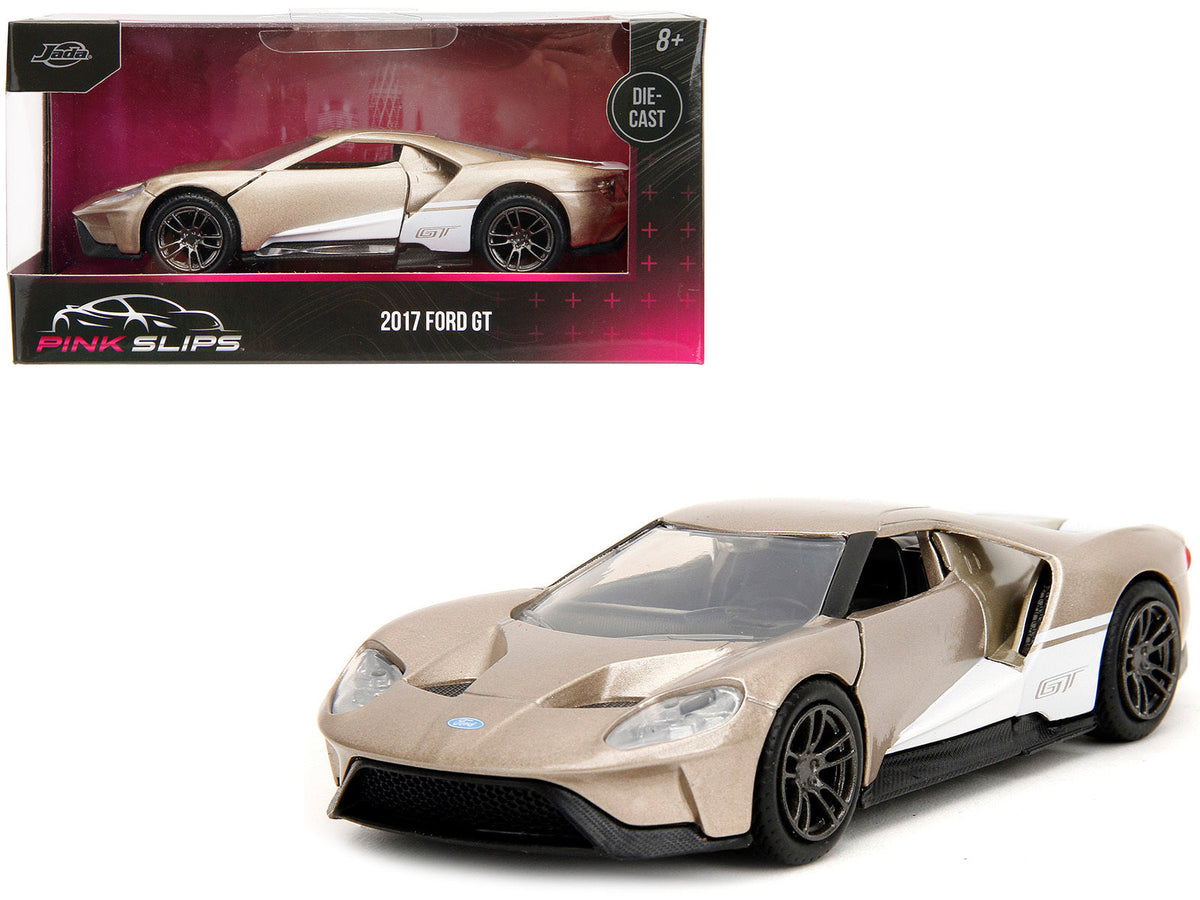 2017 Ford GT diecast model car by Miniature Motors, gold metallic finish with white accents, part of Jada's Pink Slips Series, 1/32 scale
