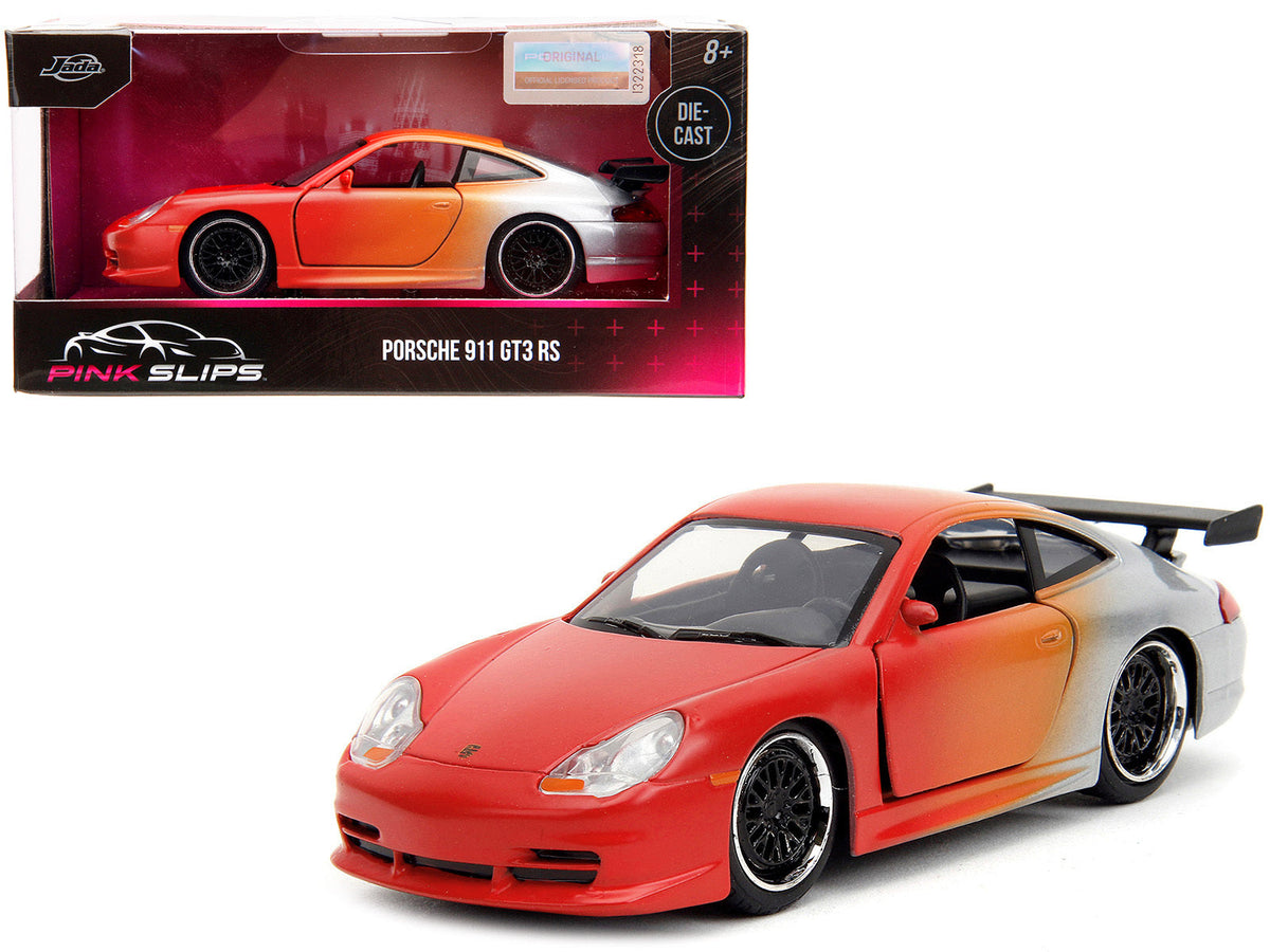 Miniature Motors Porsche 911 GT3 RS diecast model car in matte orange and silver with "Pink Slips" design, 1/32 scale by Jada