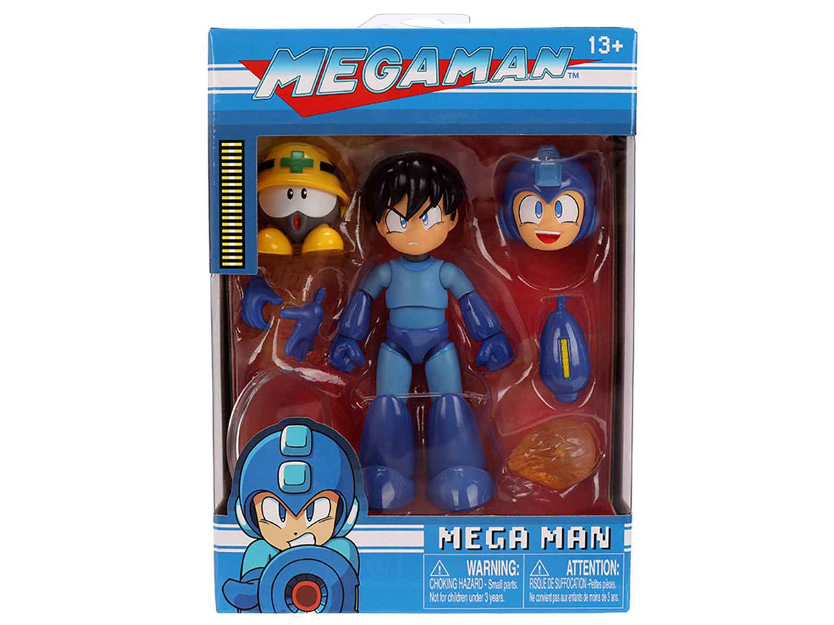 Mega Man 4.5-inch Deluxe moveable figure by Miniature Motors with accessories, alternate head and hands, inspired by 1987 video game.
