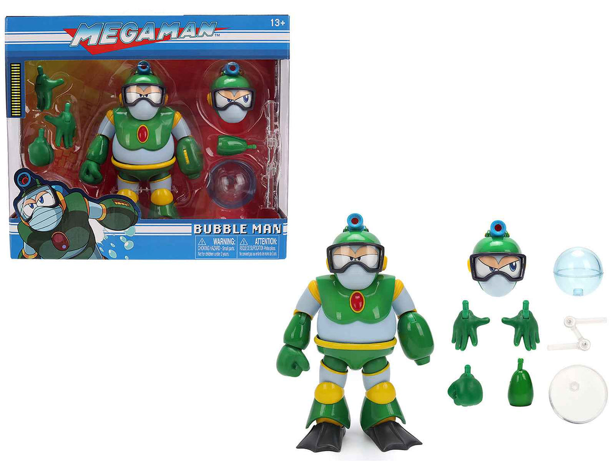 Miniature Motors Bubble Man 5-inch moveable figure with accessories, alternate head and hands from Mega Man 1987 video game model.