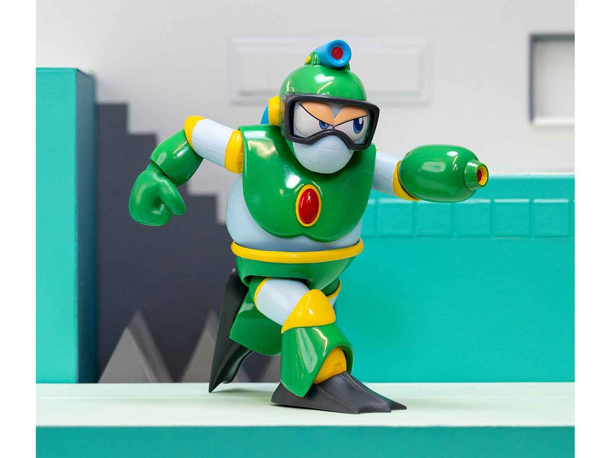 Miniature Motors Bubble Man 5-inch moveable figure with accessories, alternate head and hands, inspired by Mega Man 1987 video game.