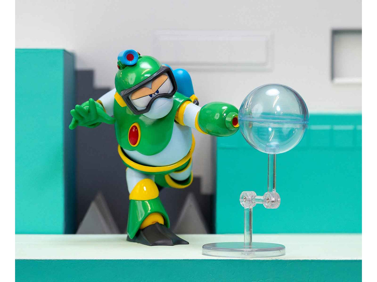 Bubble Man 5-inch moveable figure by Miniature Motors, with accessories, alternate head, and hands from Mega Man 1987 video game.