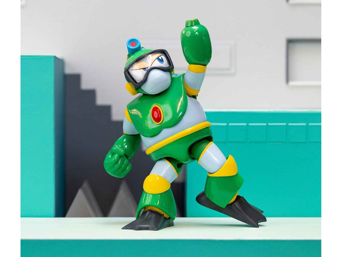 Deluxe Bubble Man 5-inch moveable Mega Man figure by Miniature Motors with accessories, alternate head and hands from 1987 video game.