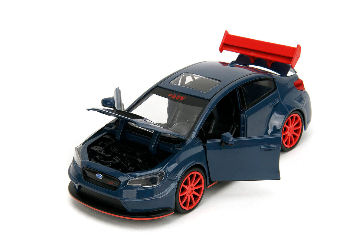 2016 Subaru WRX STI Widebody dark blue diecast model by Miniature Motors, with Yuji Itadori figure from Jujutsu Kaisen series.