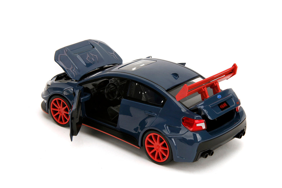 Dark blue 2016 Subaru WRX STI widebody diecast model by Miniature Motors from Jada, with Yuji Itadori figure from Jujutsu Kaisen series.