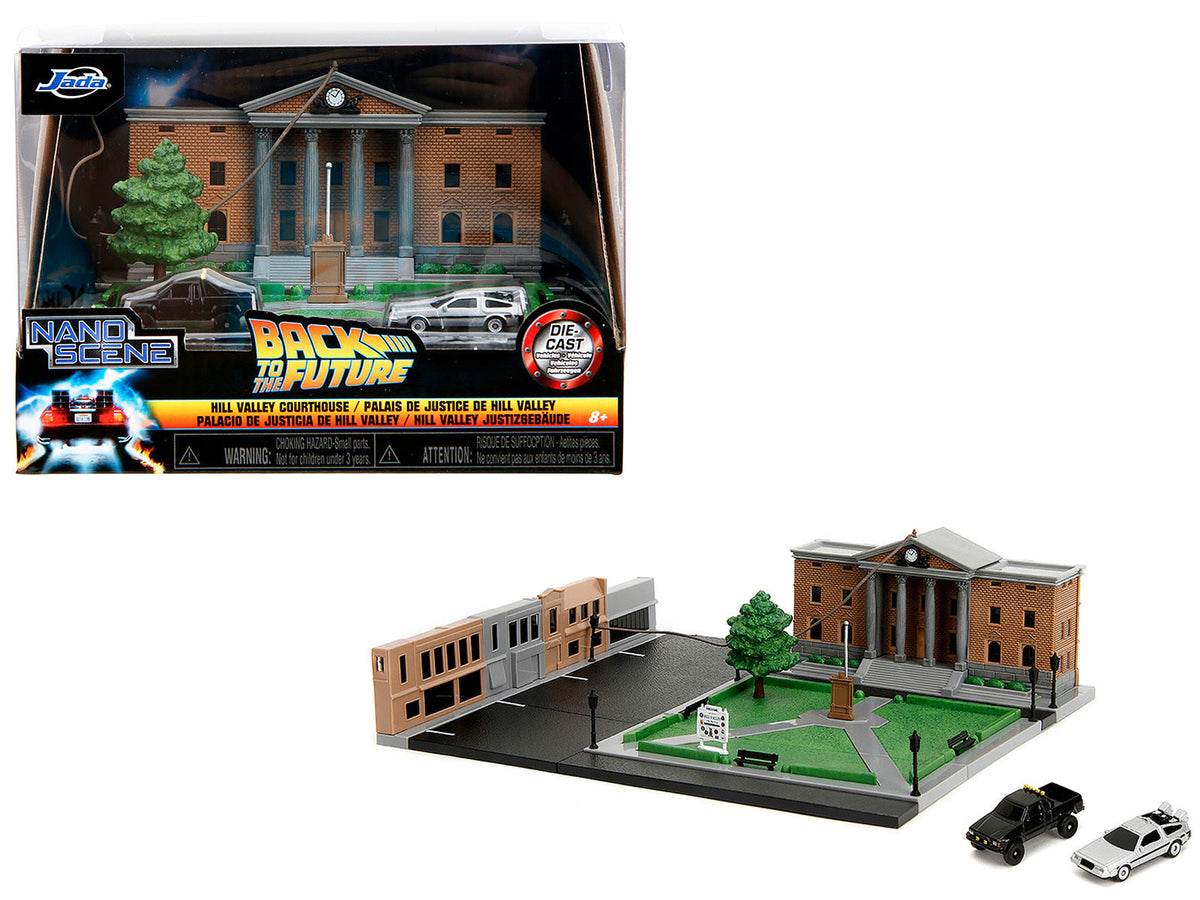 Miniature Motors Hill Valley Courthouse diorama with black pickup truck and Delorean from Back to the Future movie, Nano Scene series.
