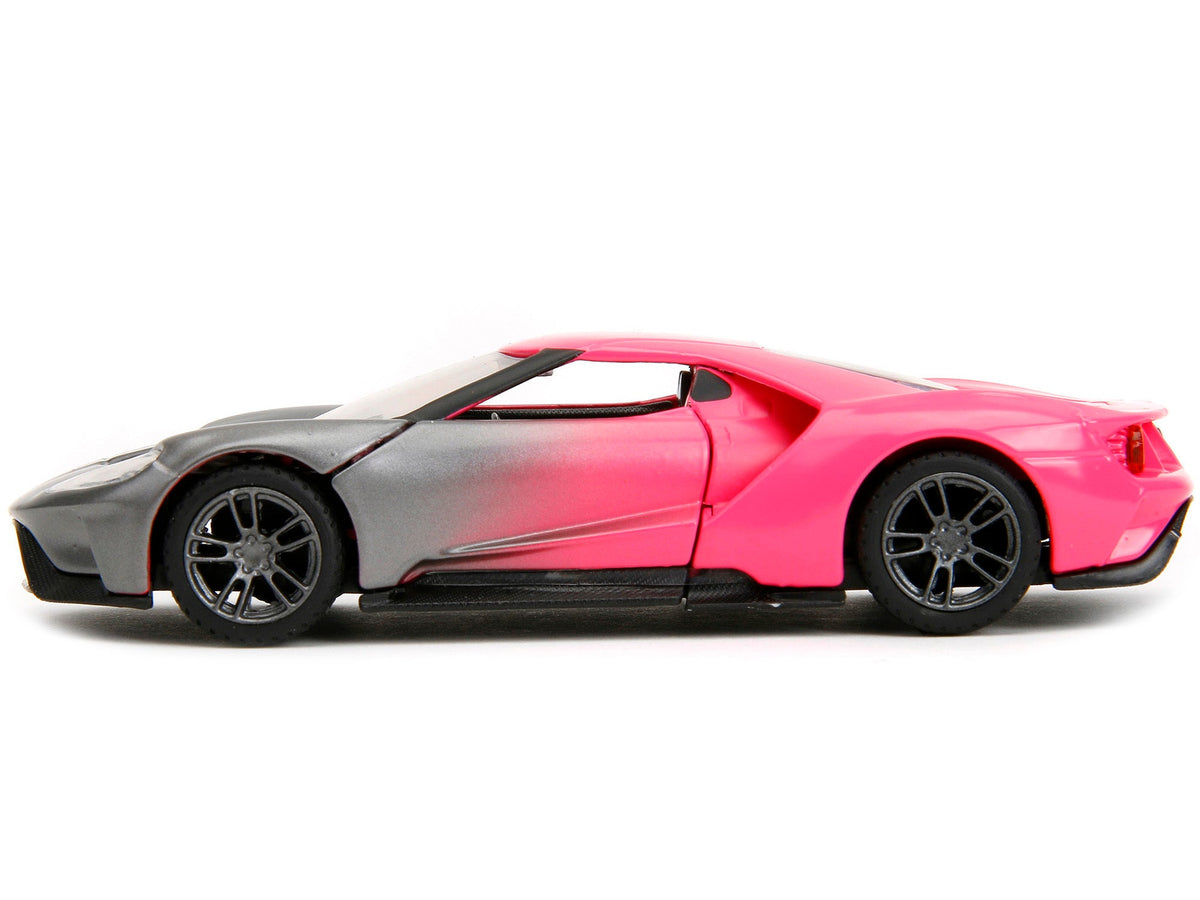 2017 Ford GT diecast model car by Jada in gray metallic and pink gradient, part of Pink Slips Series, 1/32 scale.