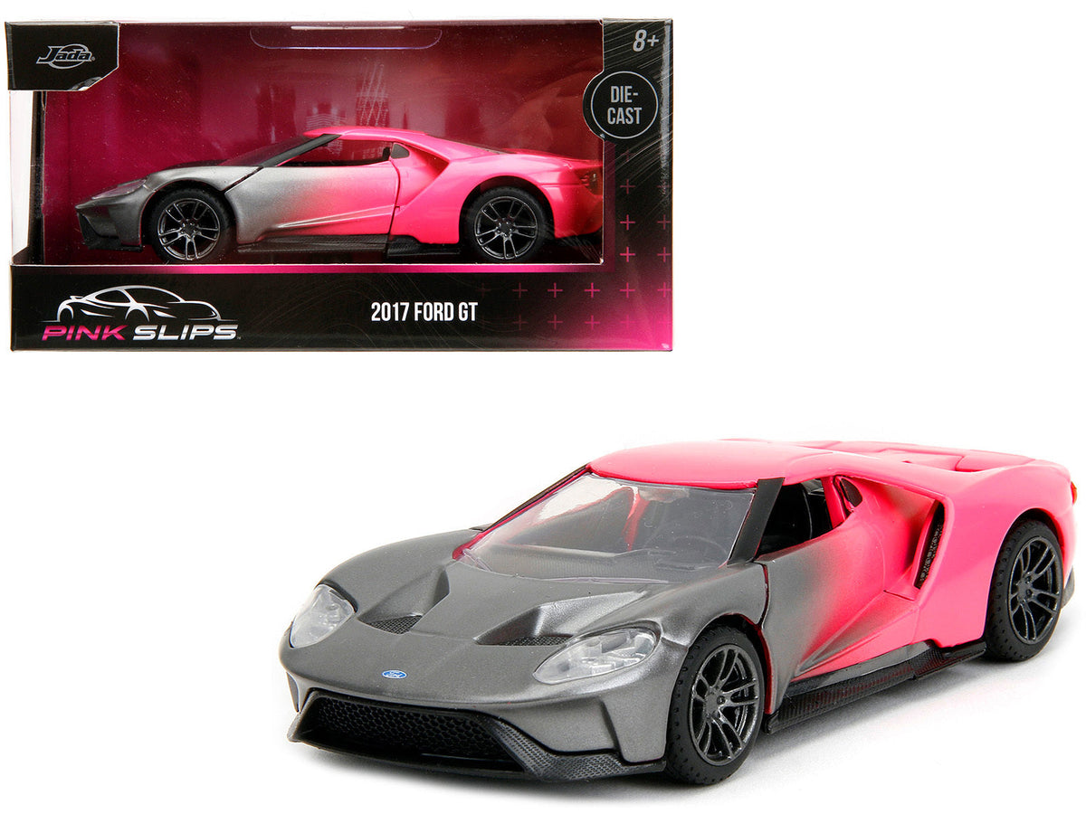 Gray metallic and pink gradient 2017 Ford GT diecast model car by Jada, part of Miniature Motors Pink Slips Series, 1/32 scale.