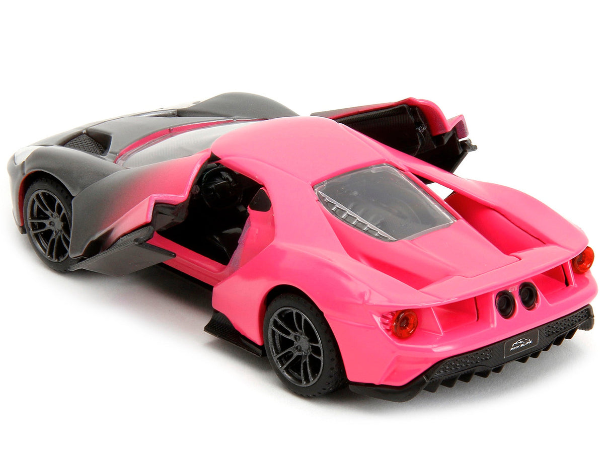 2017 Ford GT diecast model car by Jada, gray metallic with pink gradient finish, detailed miniature Ford model from the Pink Slips series