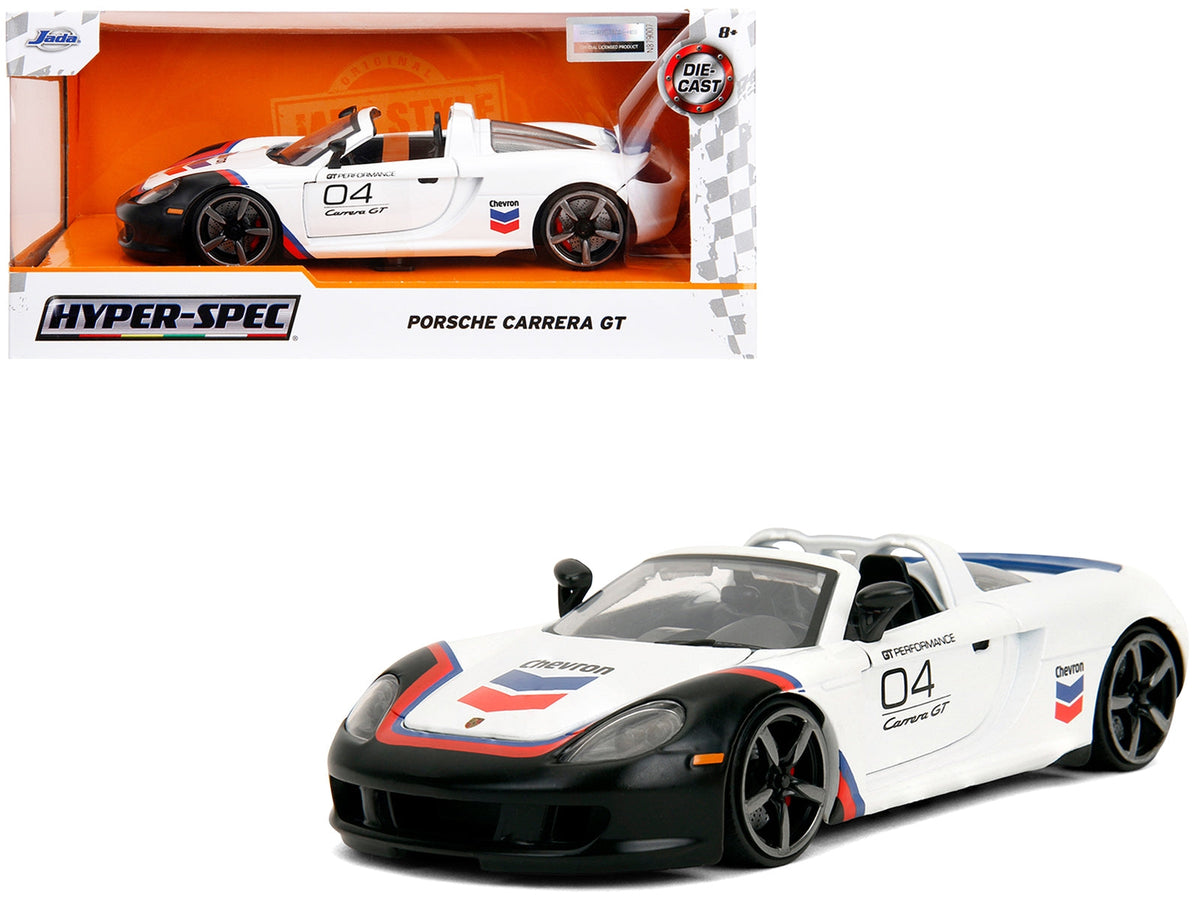 White Porsche Carrera GT convertible diecast model car by Miniature Motors, detailed with Chevron graphics, Hyper-Spec series 1/24 scale